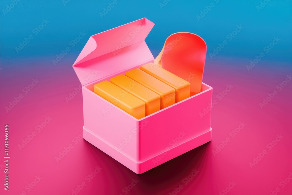 Poster A pink box with an open lid contains four orange blocks and a red object.
