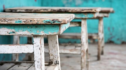 Rustic wooden tables with peeling paint in an old room featuring a textured turquoise background