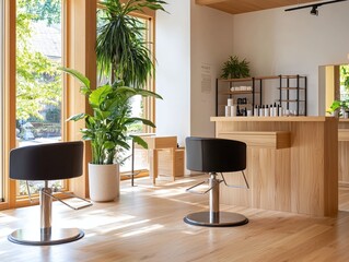 Modern and Minimalist Hair Salon Interior Featuring Wooden Elements and Natural Light