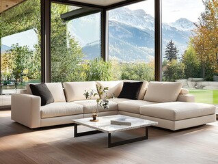 Modern White Sofa in Bright Living Room with Scenic Mountain View and Large Windows