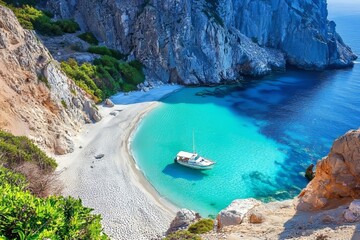 Fototapeta premium The summer scene from a beach on Rab, a picturesque island on the Adriatic coast in the Mediterranean, showcases a turquoise sea and a clear blue sky.