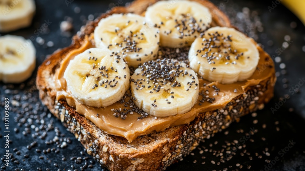 Poster a close-up of a slice of whole grain toast topped with peanut butter and banana slices, sprinkled wi