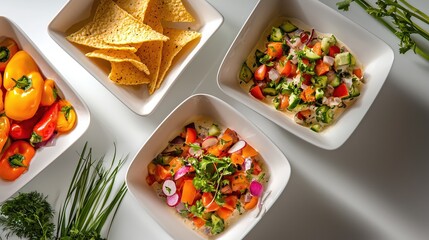 Fresh and Colorful Vegetable Salad with Tortilla Chips and Fresh Herbs on a Light Table
