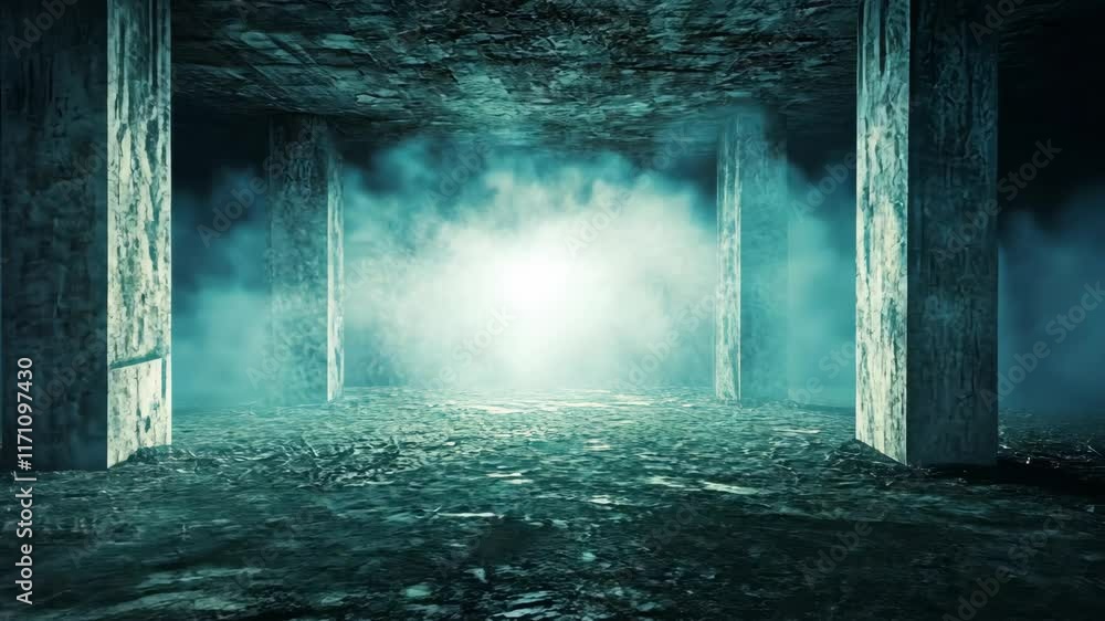 Poster mysterious underground chamber illuminated by hazy light with stone columns at the center of an eeri