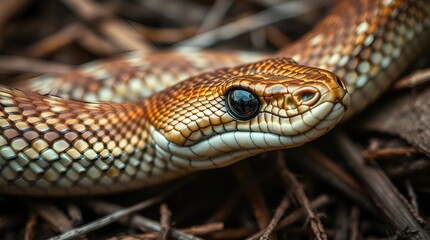 Obraz premium Close-up of a beautifully patterned snake resting among natural foliage