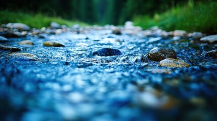 Fototapeta premium Tranquil Stream Flowing Through Pebble-Laden Riverbed in Lush Green Forest Landscape