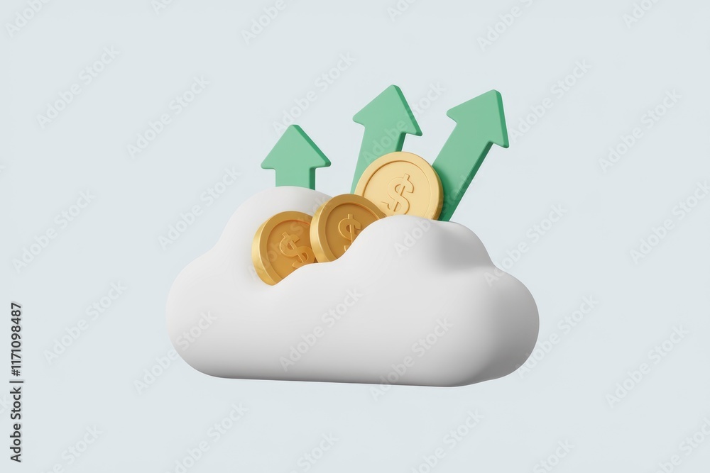 Poster cloud-based financial growth, visualized with rising arrows and golden coins symbolizing increasing 
