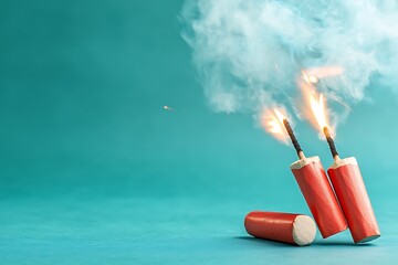 Closeup view of brightly glowing red firecrackers with thick smoke trails trailing behind as they burst forth in a vibrant display of pyrotechnic energy and