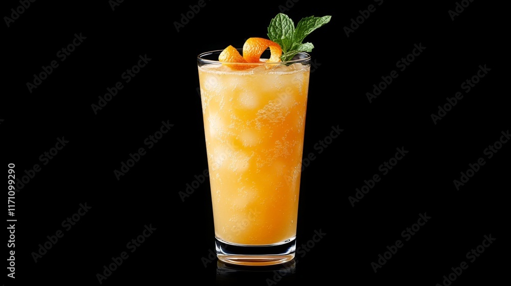 Poster a close-up of freshly squeezed orange juice served in a tall glass, garnished with a sprig of mint a