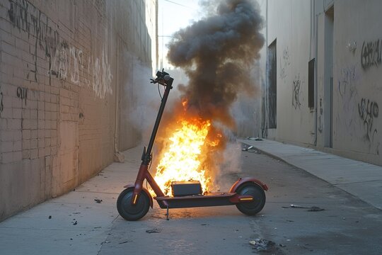 Burning scooter fills alley with smoke and flames, highlighting
