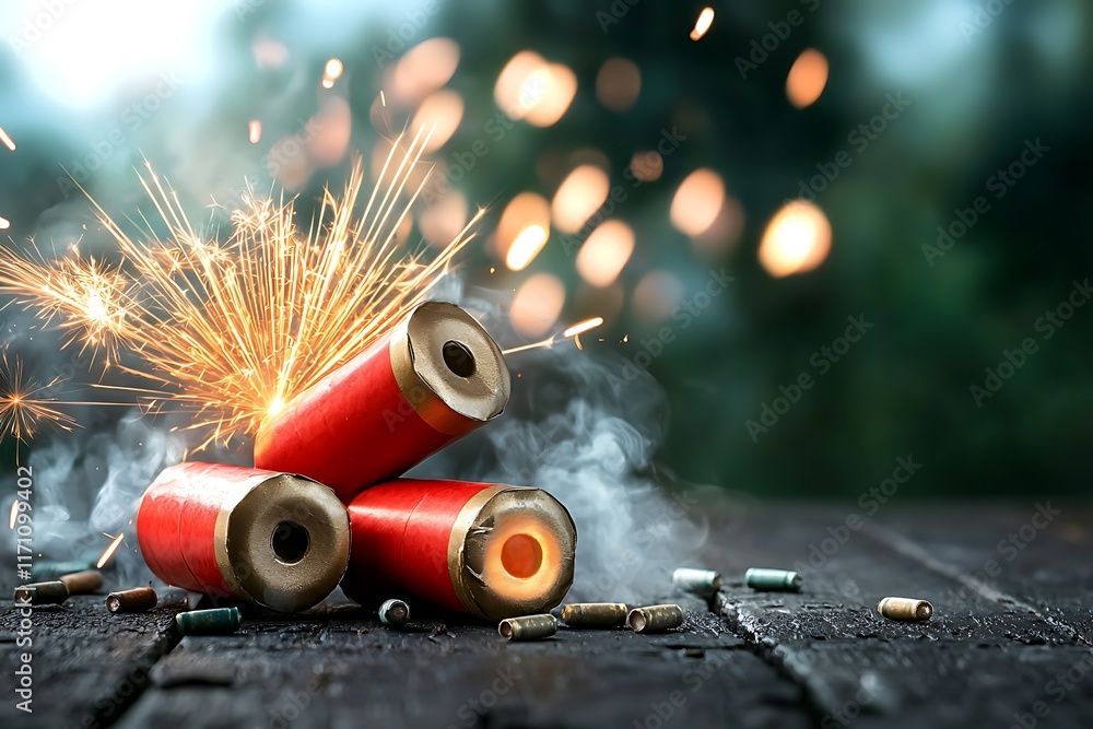 Poster closeup view of glowing red firecrackers with trailing smoke and bursts of sparks and flames in an e