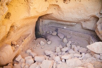 Goreme, Turkey. - July 27, 2024: Cavushin Cave City. Buildings in tuff rocks. Dwellings and temples of ancient people. Archaeology and history.