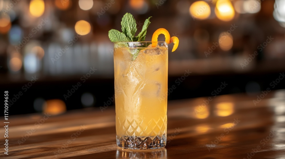 Poster a close-up of freshly squeezed orange juice served in a tall glass, garnished with a sprig of mint a