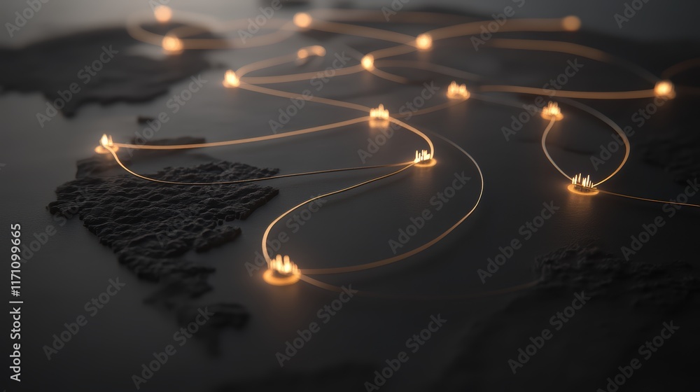 Poster illuminated world map, visualizing global connectivity and data points