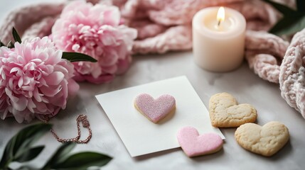 A minimalistic Valentine's Day setup featuring heart-shaped cookies, a handmade card, pink peonies, candlelight, and delicate jewelry on a white surface
