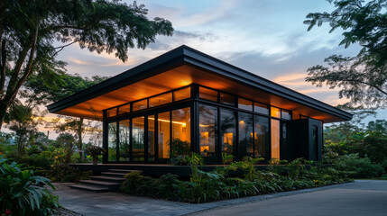 Naklejka premium Modern minimalist house design with large windows at sunset