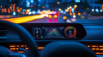 A high-tech dashboard view from inside a vehicle, showcasing a digital display with speed and navigation against a blurred city background