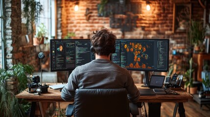 Man Working at Dual Monitor Setup in Rustic Home Office Technology Environment Focused Viewpoint