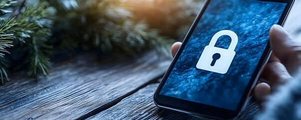 Winter online security hand holding phone showing lock icon on screen, wooden table background. Ideal for cybersecurity articles