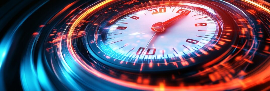An abstract background featuring a speeding clock with glowing blue and orange streaks, creating a sense of motion and urgency