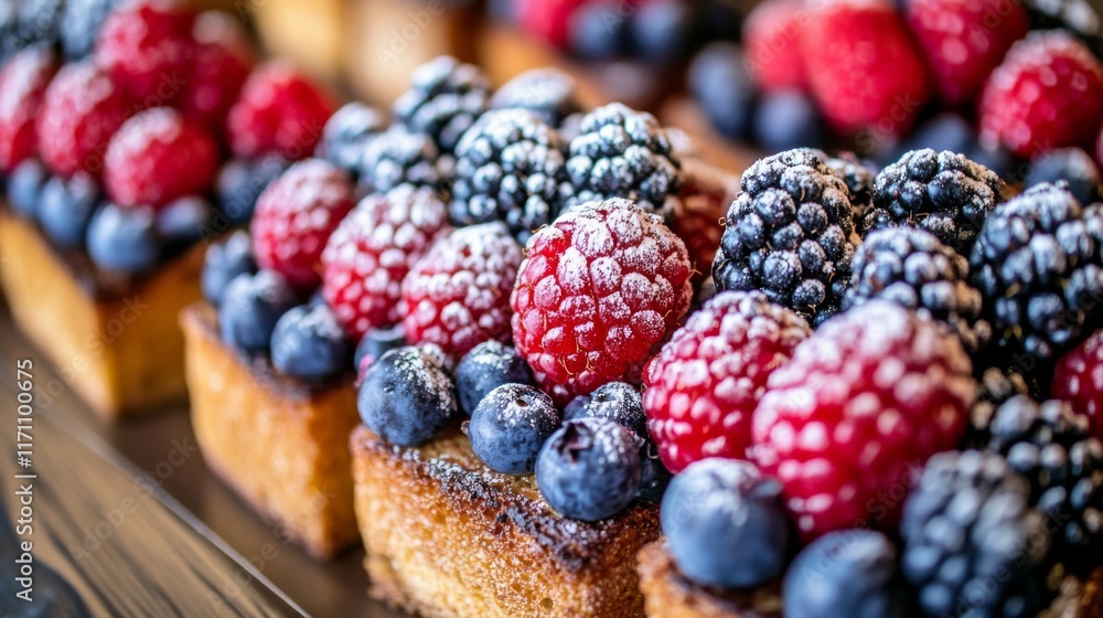 Poster A close-up of honey toast topped with a colorful assortment of berries and a dusting of powdered sugar, creating a vibrant and inviting dessert.