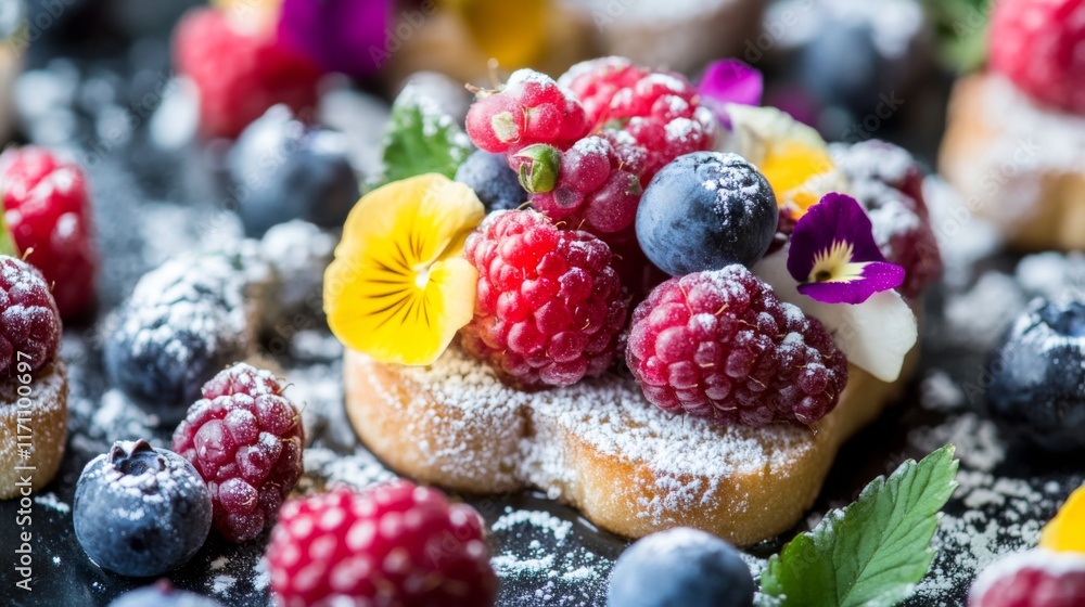 Poster A close-up of honey toast topped with a colorful assortment of berries and a dusting of powdered sugar, creating a vibrant and inviting dessert.