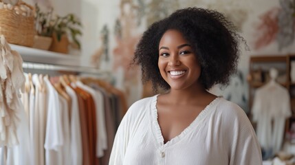 A plus-size woman smiles confidently while browsing oversized clothing in a stylish boutique with artistic wall murals and soft natural light