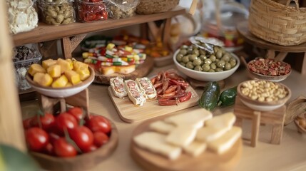 Fresh Ingredients Displayed on Wooden Table in Rustic Market Setting with Local Delicacies