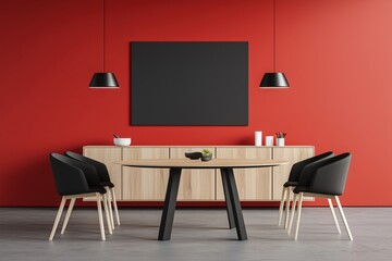 Modern Dining Room Design with Red Wall and Elegant Wooden Furniture