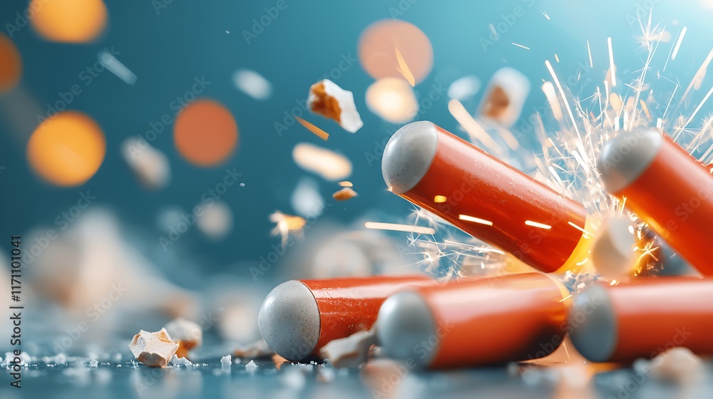 Poster cluster of red firecrackers mid explosion emitting vibrant sparks flames and a dynamic energetic dis