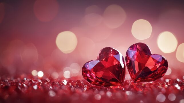 Blurred backgrounds of radiant red and purple heart bokehs with subtle champagne glows, romantic valentine's day cinematic background with copy space.