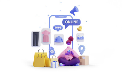 3D illustration of a mobile phone with Shopping Icons Set with Bags and Signs in 3D Design. online shopping concept. Clipping path on a white background.