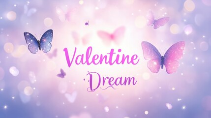 "Valentine Dream" in stylish uppercase blush pink font, centered on a soft lilac backdrop with faint glowing butterfly silhouettes and a subtle sparkle bokeh along the edges valentine typography