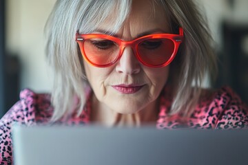 Focused woman with stylish glasses engages with laptop, showcasi