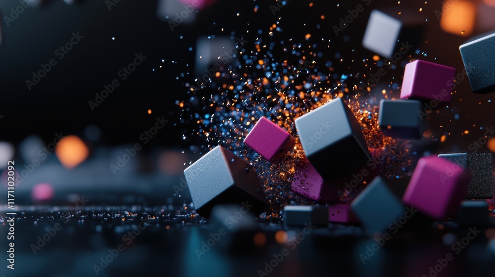 Poster abstract composition of floating cubes in a surreal space, showcasing minimalist design.