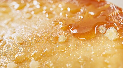 Close-Up of Golden Honey Dripping Over a Sticky Surface with Sugar Crystals and Glossy Texture