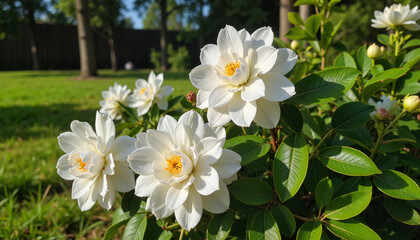 Obraz premium Cluster of gardenias blooming in sunny backyard, beauty of nature