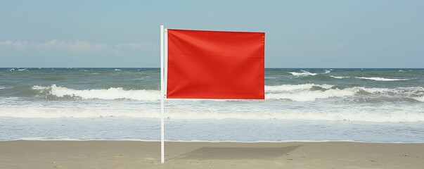 Red flag on a beach warns of dangerous conditions in the ocean.
