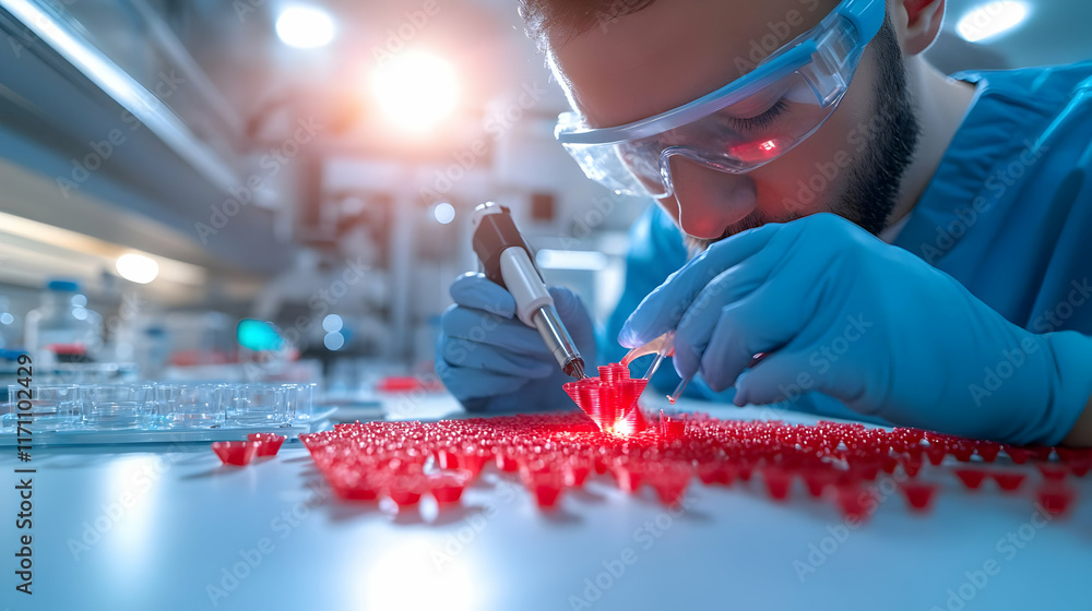 Poster scientist meticulously crafting tiny red components in a modern lab; background shows advanced equip