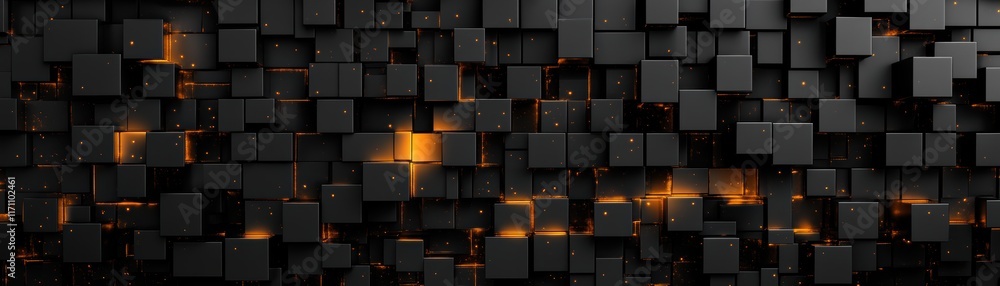 Poster dynamic interplay of orange and black squares in abstract design, creating a visually striking patte