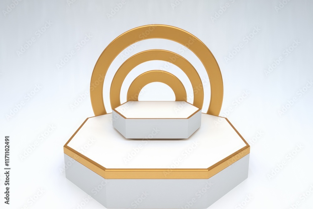Poster elegant white octagonal podium with gold accents and concentric circles, ideal for product display o