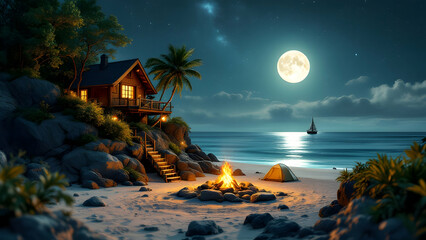 Moonlit Beach Cabin