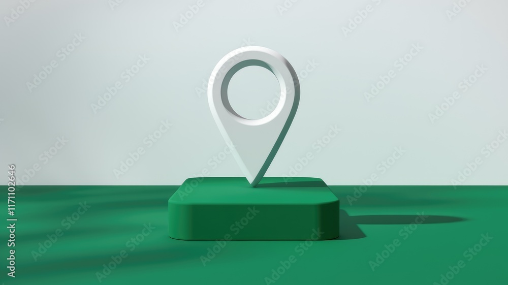 Aufkleber A minimalist 3D rendering of a white location pin on a green platform against a light green background.