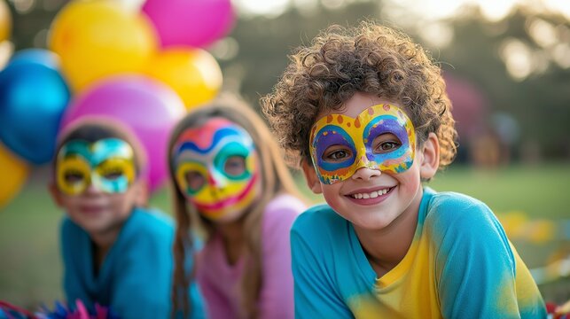 Children wearing colorful carnival masks and face paint play traditional games in a vibrant park setting with balloons and streamers