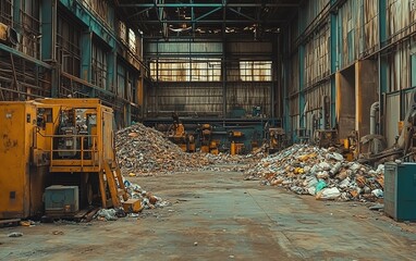 Fototapeta premium Abandoned industrial warehouse with piles of waste, desolate machinery, grimy surroundings, abandoned feel, ultrarealistic, highquality image, 8K resolution
