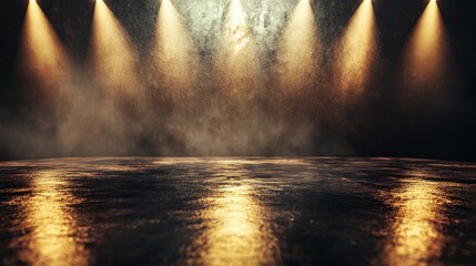 Obraz premium Golden Stage Lights and Smoky Atmosphere