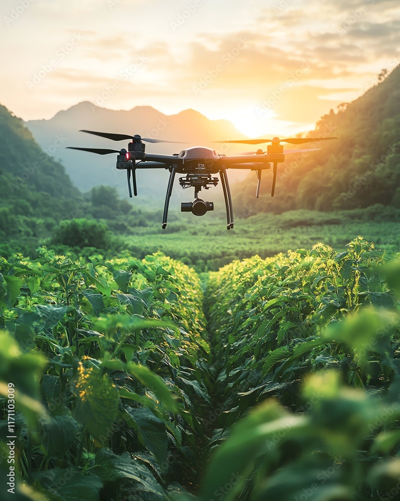 Poster concept of smart agriculture with advanced technology solutions, drones, sensors, automated farming 