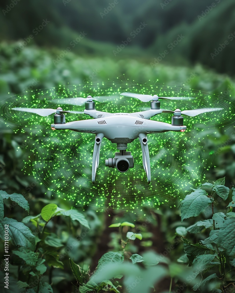 Poster concept of smart agriculture with advanced technology solutions, drones, sensors, automated farming 