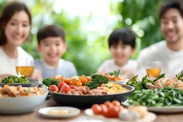 Naklejka premium Cozy Family Dining Around a Bountiful Table Filled with Homemade Meals Fresh Produce and Refreshing Drinks in a Intimate Setting A of Togetherness Healthy Living and the Joys of Home Cooked Cuisine