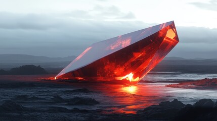 Stunning Red Crystal Monolith in a Dramatic Landscape with Moody Sky and Volcanic Terrain at Dusk